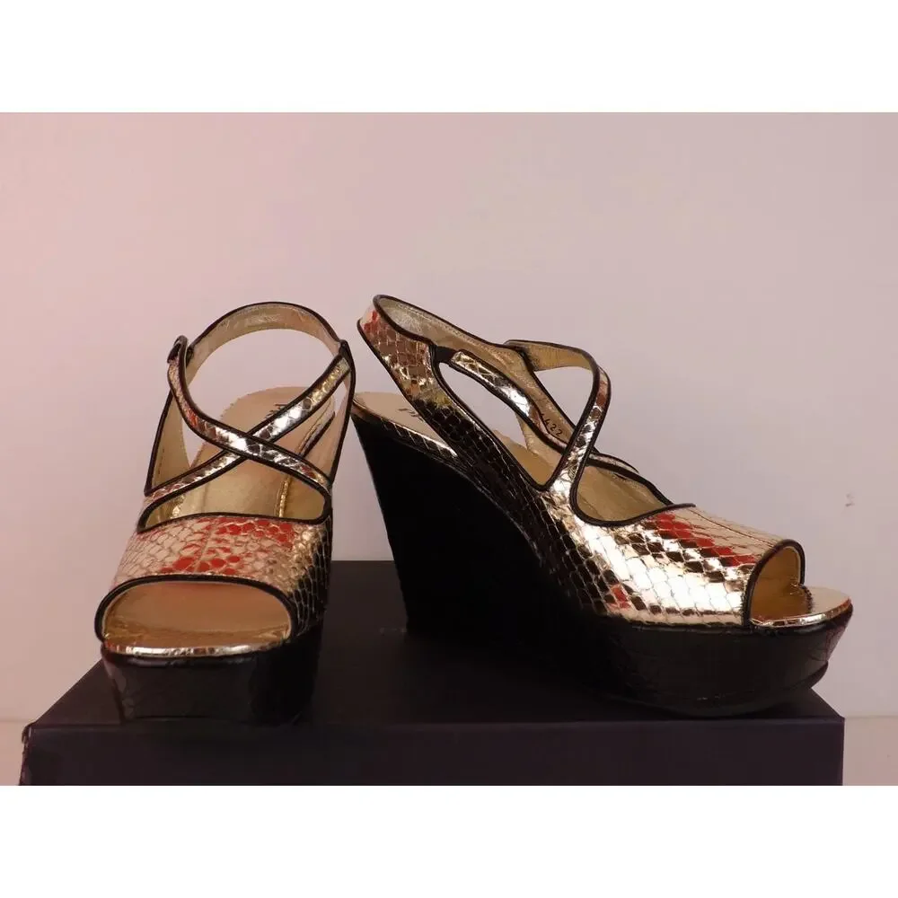NIB PRADA 1K7394 LITE GOLD SNAKE PRINT LEATHER BLACK WEDGE PLATFORM SANDALS 39.5 - Picture 7 of 11
